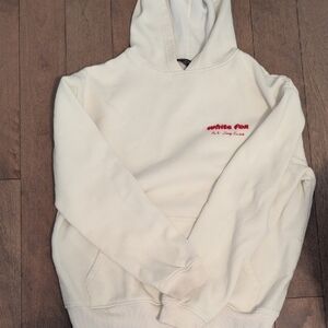 White Fox Boutique Cream Crewneck Hoodie with Red Script Logo